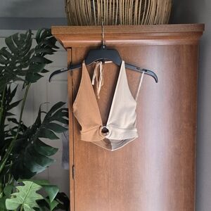 Tan and Cream Crop Top with V-Neck Design